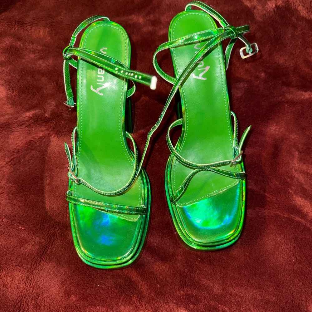 Iridescent Green Strappy Square-Toe Heels by Unnamed Brand